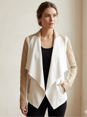 blanc noir White and Tan Draped Leather-Trim Jacket